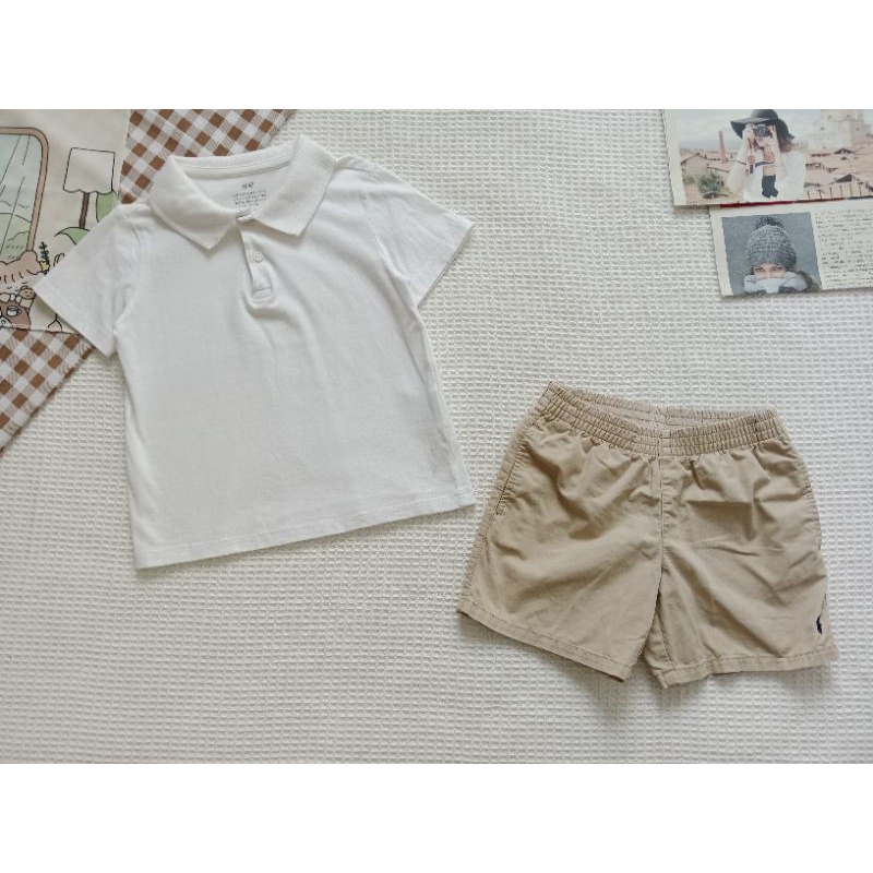 ชุดเซ็ต H&M เสื้อคอปกสีขาว + Polo กางเกงสีครีม Sz.100-110 เสื้อผ้าเด็ก มือสอง