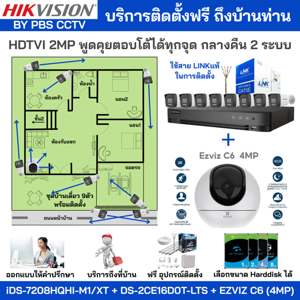 [ติดตั้งฟรี] ชุด9ตัว HIKVISION 2MP Two-Way Talk iDS-7208HQHI-M1/XT + DS-2CE16D0T-LFS + EZVIZ C6[4MP]