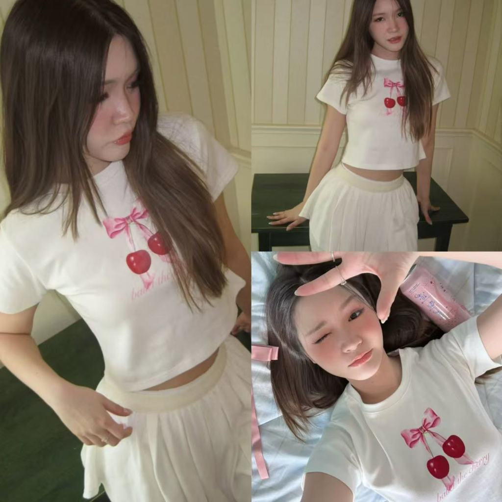 โบว์พิมพ์ครอบตัดเสื้อยืดสลิมฟิตฤดูร้อนแขนสั้นทุกการแข่งขันสาวร้อน moonlite.th