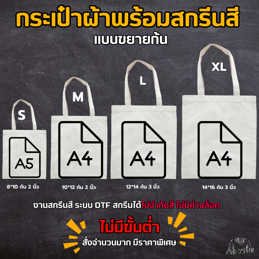 กระเป๋าผ้าสกรีน (ทำตามสั่ง) สกรีนได้ทั้งรูปภาพ/ตัวอักษร สีคม ออกแบบเองได้ไม่ซ้ำใคร ไม่มีขั้นต่ำ1ใบก็ทำได้ ของชำร่วย
