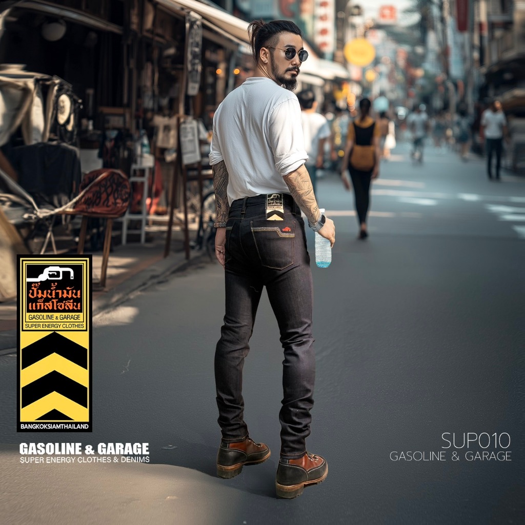 SUP100 กางเกงยีนส์ผู้ชาย ทรงกระบอก ผ้าดิบ 14 oz Unsanforized  (Gasoline & Garage) ปั๊มน้ำมันแก๊สโซลีน (SUP)