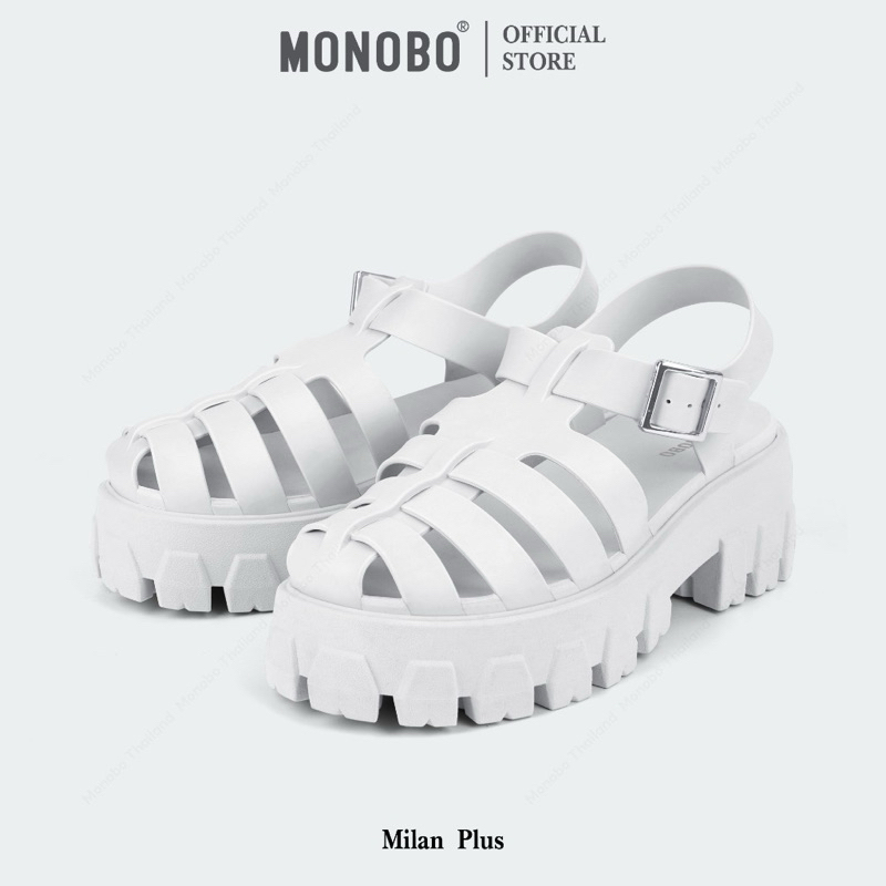 MONOBO รุ่น Milan Plus รองเท้ารัดข้อรองเท้าแฟชั่นส้นสูง ปรับแบบเข็มขัดใหม่ ของแท้100% Size 8.สีขาว