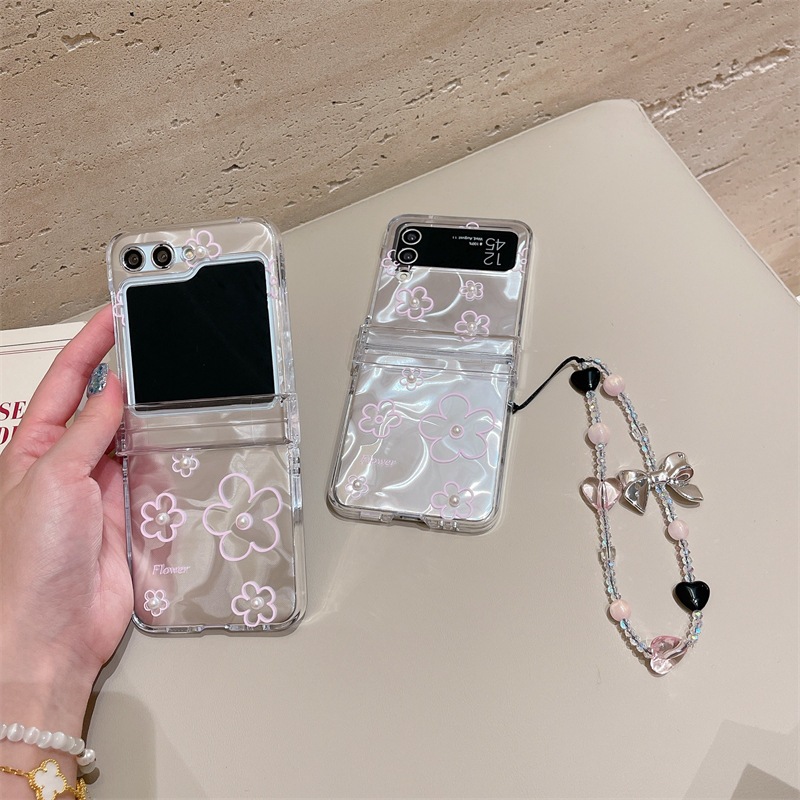 พร้อมส่งจากไทย ! เคสฟลิปใสเงินวาวลายดอกไม้มินิมอล พร้อมสายคล้องมือ (2026) for Samsung Galaxy Z Flip7 Flip6 Flip5 Flip4/3
