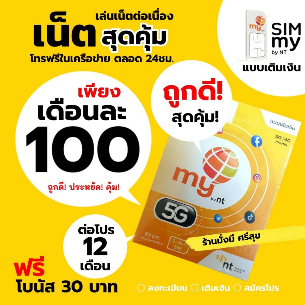 ถูกดี! (My.22)ซิมมาย สมัครเล่นเน็ตต่อเนื่อง 30วัน เพียงเดือนละ 100 บาท (2Mbps 15GB FUP 384kbps)