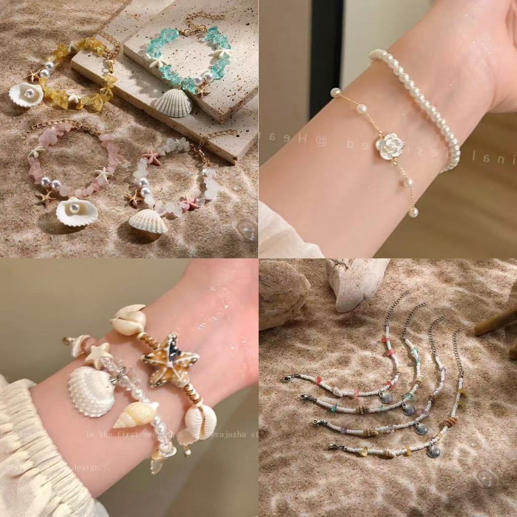 สร้อยข้อมือ จี้เปลือกหอย🐚 จี้โบว์ ดอกไม้ หลากสี ไปทะเล สไตล์โบฮีเมียน พร้อมส่งในไทย🚚