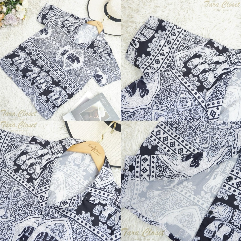 SIWA001 TARA เสื้อเชิ้ต คอปก ลายช้างไทย แขนสั้น เนื้อผ้าไหมอิตาลีอย่างดี พิมพ์ลายสวยมาก ผ้าดีใส่สบาย ไม่ร้อน