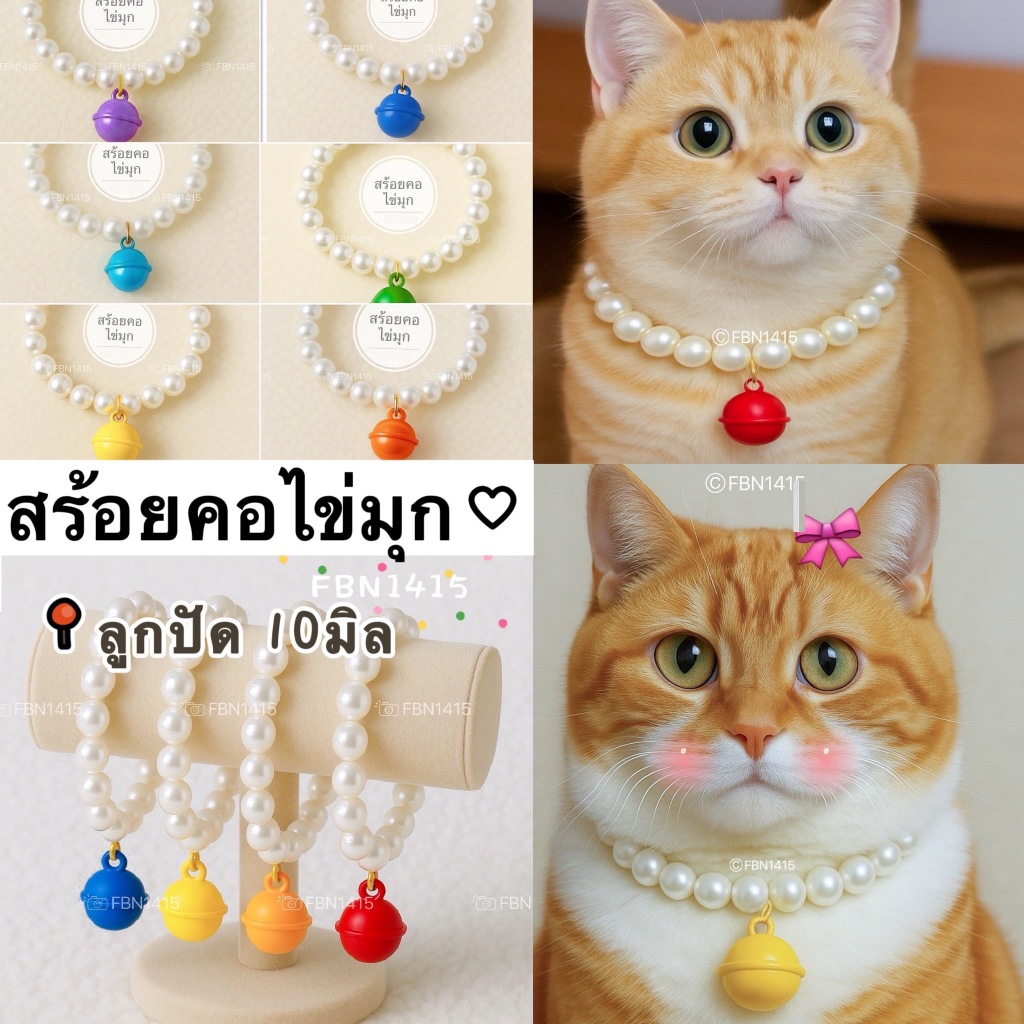 ปลอกคอ แมว หมา ลูกปัด สร้อยคอ ไข่มุก 10 มิล กระดิ่งสี 22มิล ยางยืด ยืดได้