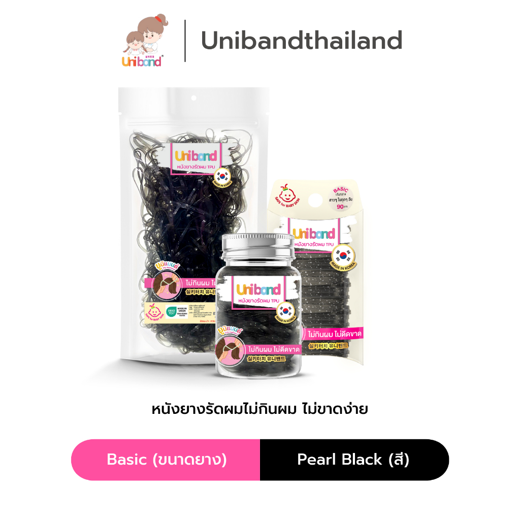 Uniband หนังยางรัดผม ไม่กินผม ไม่ดีดขาดง่าย TPU Basic Size : Pearl Black