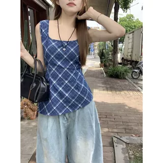 เสื้อแขนกุด คอเหลี่ยม สีกรมลายสก็อต ทรงเอ สไตล์ Retro เว้าหลัง สม็อคยางยืด พรางหุ่น เสื้อครอป #8945