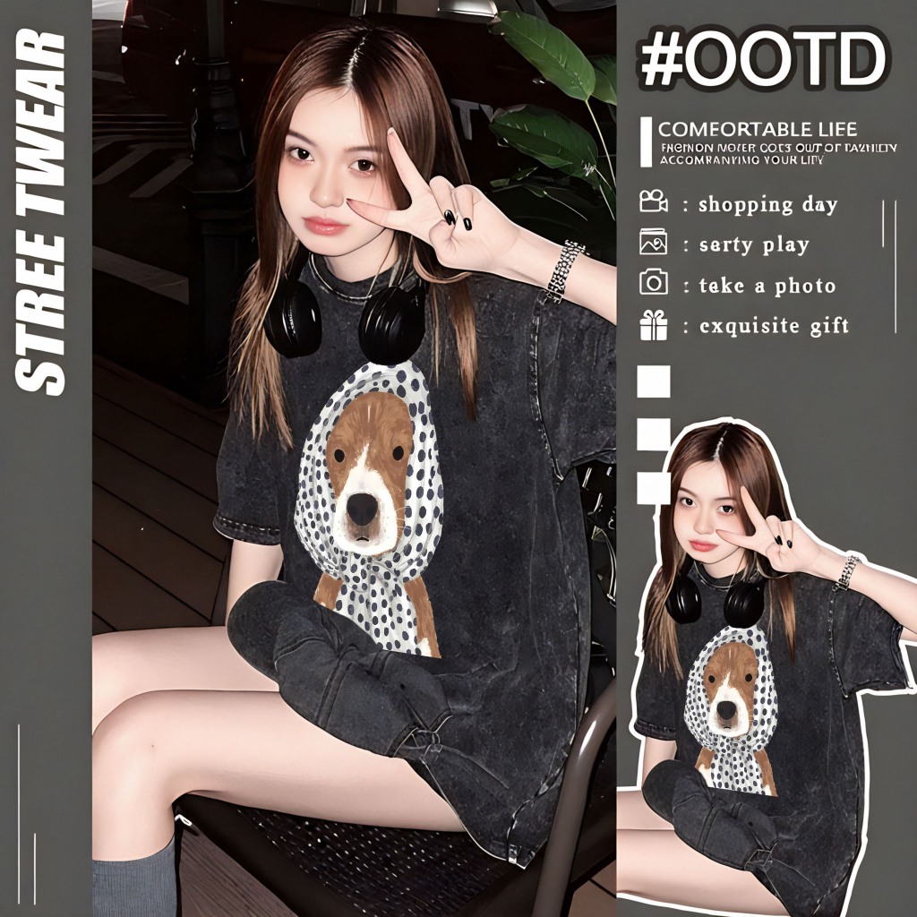 📦พร้อมส่ง เสื้อสีฟอก เสื้อยืดเย็นเ สื้อยืด oversize รูปแบบถนน โคตรนุ่ม ผ้าคอตตอน ลาย "Hooded dog" สินค้าใหม่
