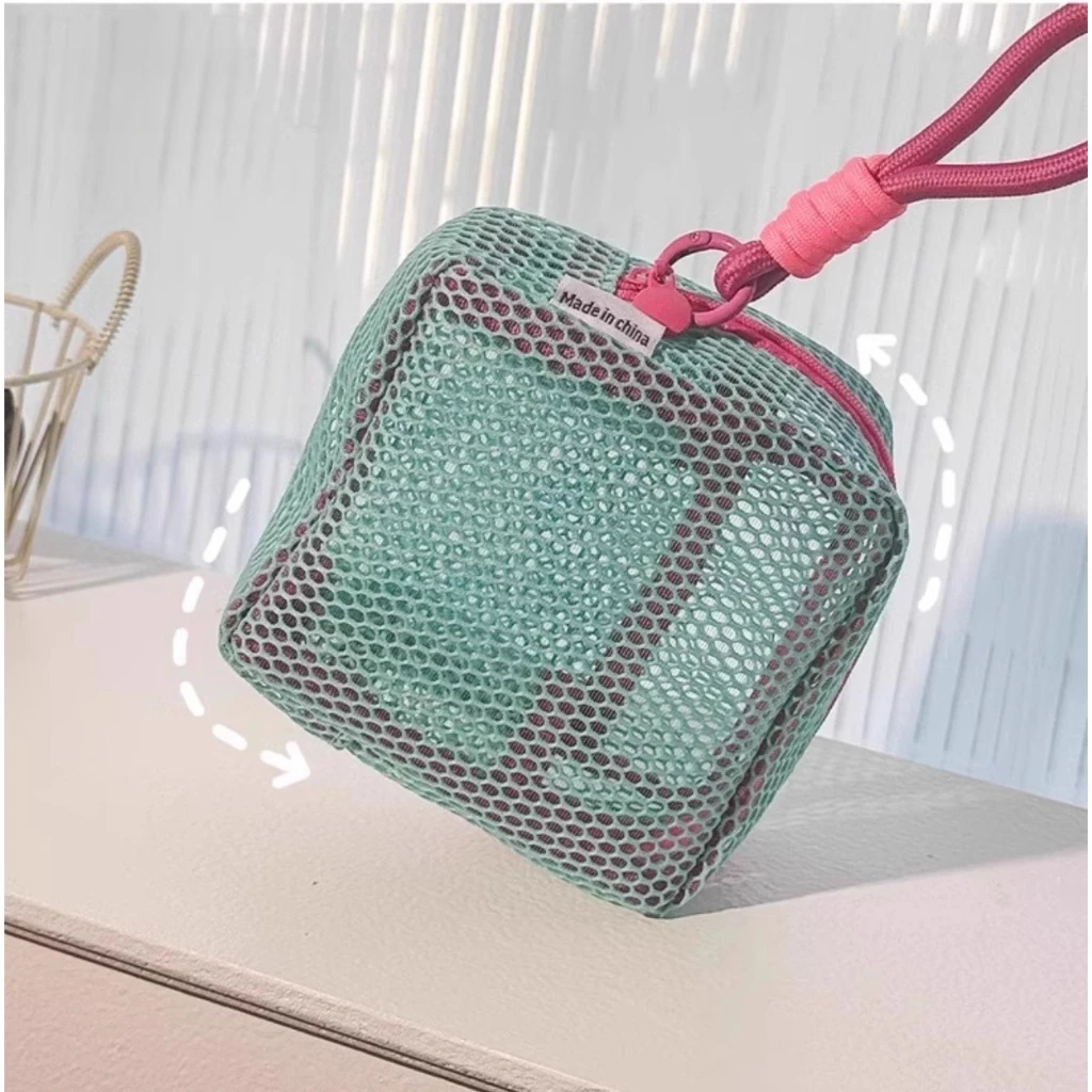 กระเป๋าผ้าตาข่าย กระเป๋าจัดระเบียบ ถุงซิปตาข่า  กระเป๋าใส่เหรียญสีโดปามีน 12*12*6cm