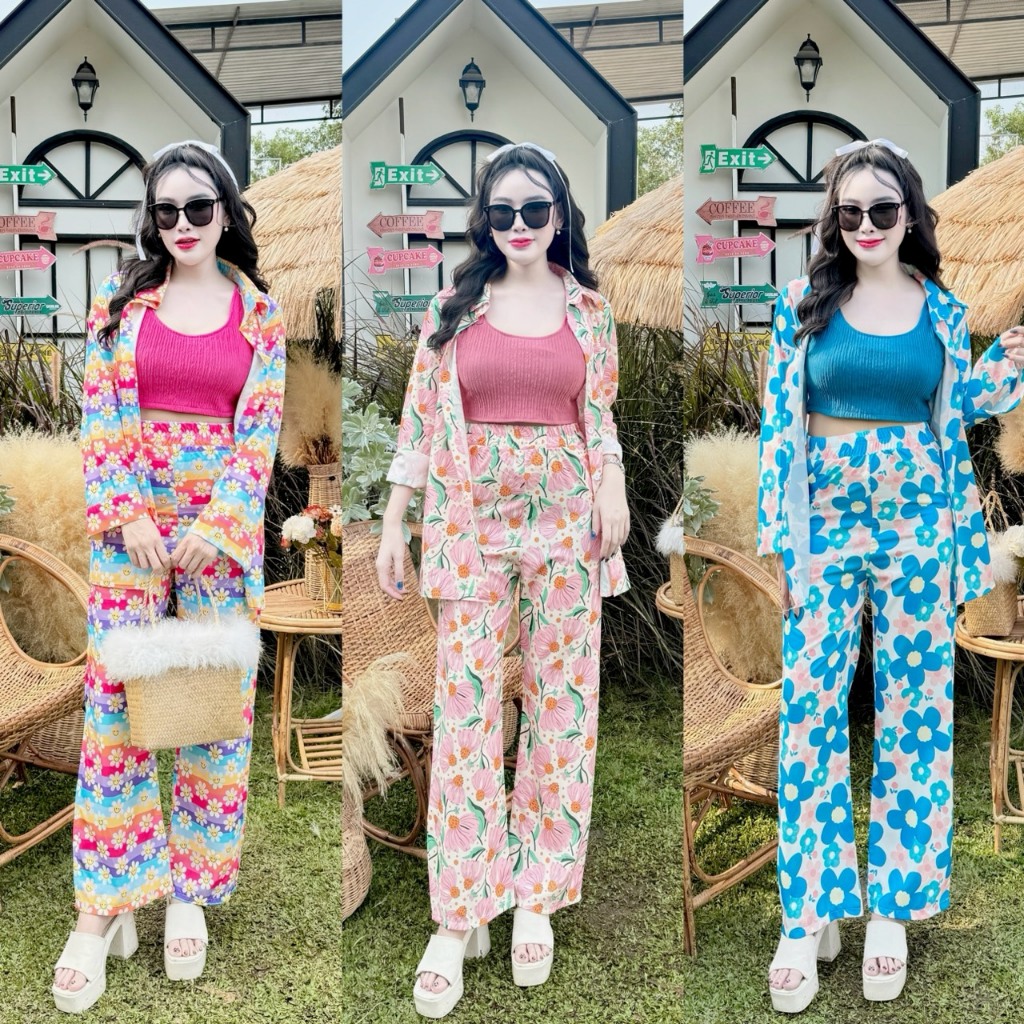 ชุดเซตยาว 3 ชิ้น ผ้าไหมอิตาลีพิมพ์ ลายดอก เสื้อเชิ้ตแขนยาวกระดุมหน้า+เสื้อกล้ามผ้าเปลือกไม้ +กางเกงเอวยางยืดมีกระเป๋า