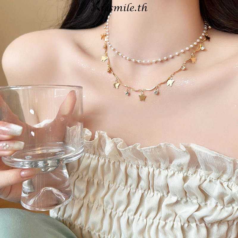 COD-ในไทย💖สร้อยคอ ผีเสื้อไข่มุก สองชั้น หรูหราแสง โซ่ไหปลาร้า ความรู้สึกระดับไฮเอนด์ ผู้หญิง เครื่องประดับแฟชั่น-Kri