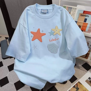 Basi💥 ผู้หญิง เสื้อยืด oversize เกรดพรีเมียม เสื้อคอตตอน100% ไม่หดตัว ใส่สบาย การ์ตูนน่ารัก ลาย "Starfish shell"