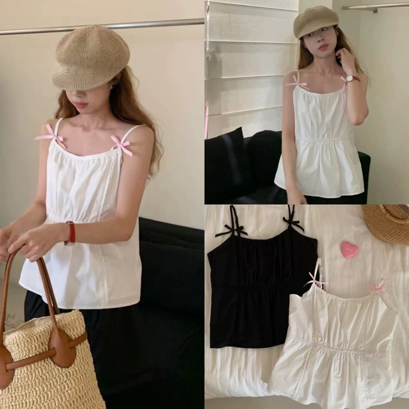 เสื้อสายเดี่ยวแต่งลูกไม้ช่วงคอ มีโบว์สายเดี่ยวรุ่น 168-01 TAG WG.WE 🇰🇷