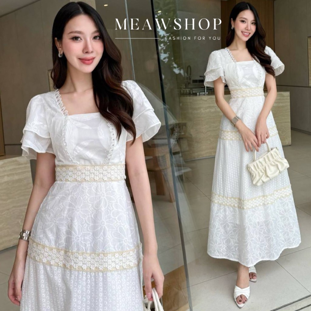 S-3XL เดรสยาวลูกไม้ เกรดพรีเมี่ยม ทรงคอเหลี่ยม ชุดขาว ชุดไปวัด ชุดทำบุญ งานบุญ งานบวช แฟนนาค ชุดงานห