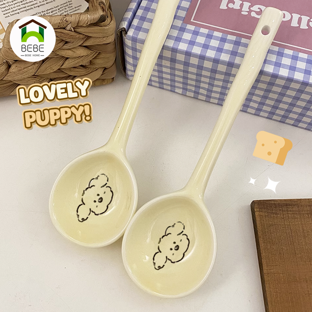 จัดส่งที่รวดเร็ว ช้อนน่ารัก Lovely Cream Puppy ช้อนซุปเซรามิค ด้ามจับยาว ของหวาน ไอศกรีม กาแฟ ของใช้บนโต๊ะอาหาร