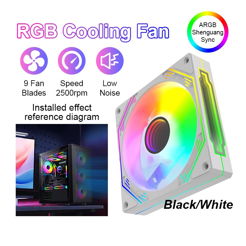 พัดลมคอมพิวเตอร์ แสงสะท้อนสีสันสดใส พัดลมระบายความร้อนโน๊ตบุ๊ค 12cm Dual Ring RGB Cooling Fan 12V