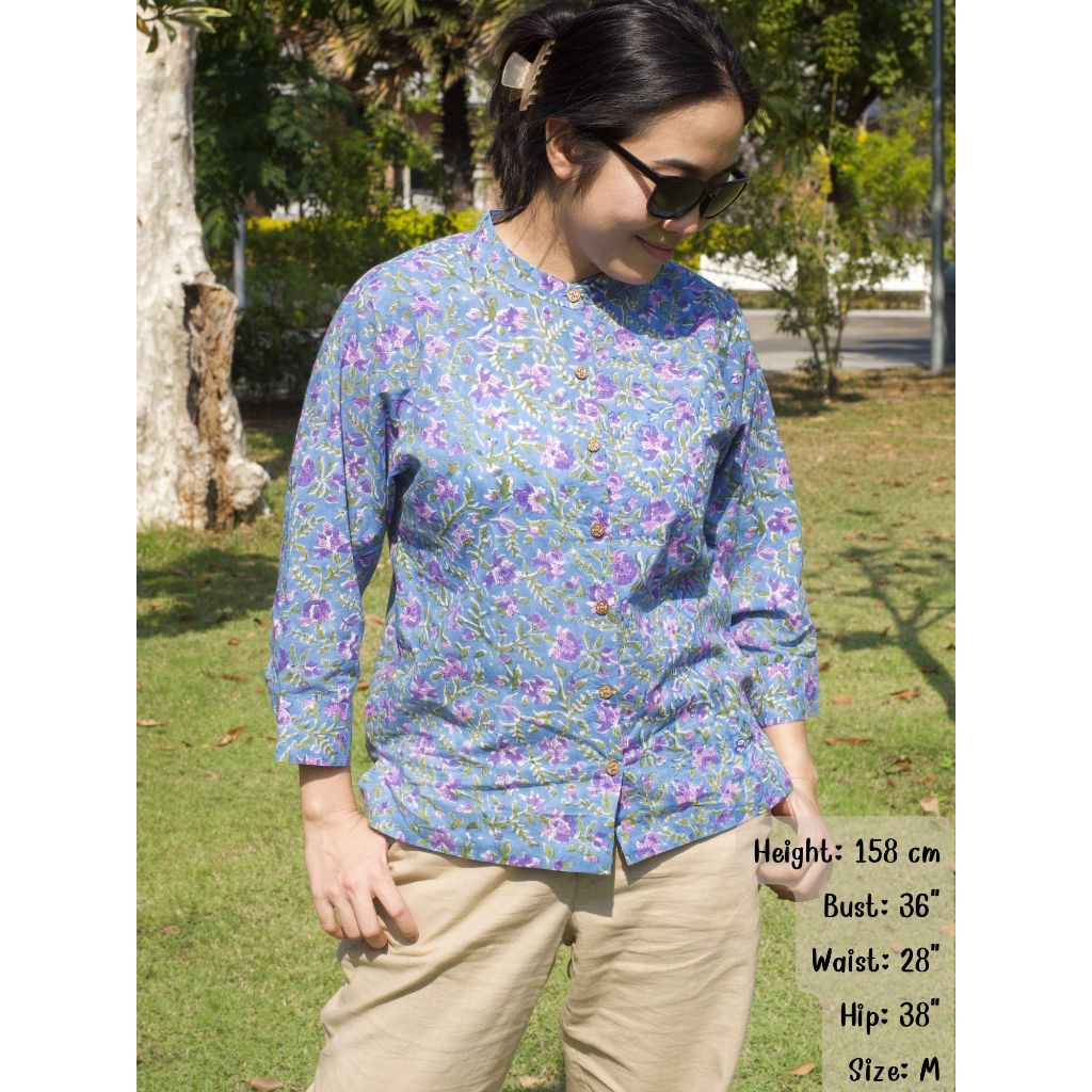 MAMBOMANGO เสื้อเชิ้ต คอจีน แขนสามส่วน ผ้าฝ้าย ผ้าคอตตอน 100% ผ้าอินเดีย Indian Hand Block Print