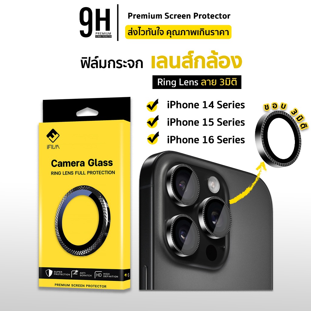 ใหม่! ฟิล์มกันรอย เลนส์กล้อง วง3มิติ For iphone 16 pro max 16plus iphone15 promax iphone14 Ring Lens Camera ฟิล์มกล้อง