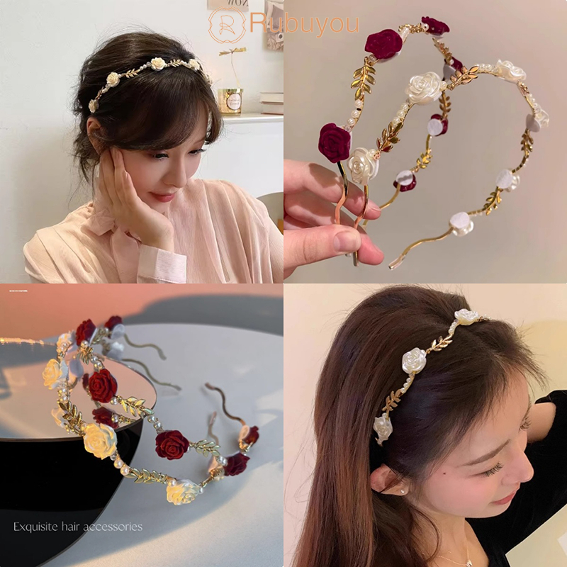 Rubuyou คาดผมโลหะ ดอกกุหลาบประดับมุก เกาหลี แสงหรูหรา ละเอียดอ่อน  สำหรับผู้หญิง แฟชั่น เครื่องประดับ-COD