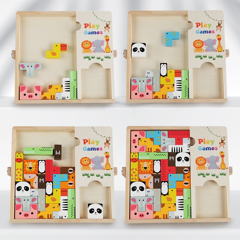 【จัดส่งจากกรุงเทพฯ】ของเล่นไม้ บล็อคตัวต่อ Tetris แบบโต้ตอบสำหรับพ่อแม่และลูก กล่องเกมปริศนาสัตว์ พัฒนาสติปัญญาของเด็กสแน