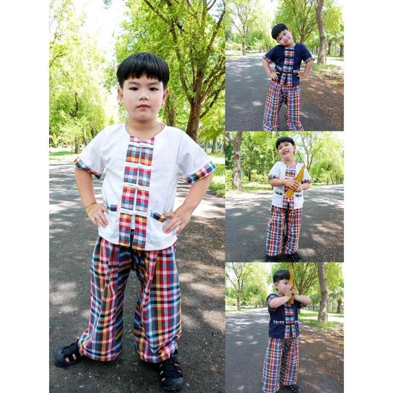 ชุดผ้าขาวม้า สีขาว สีกรม