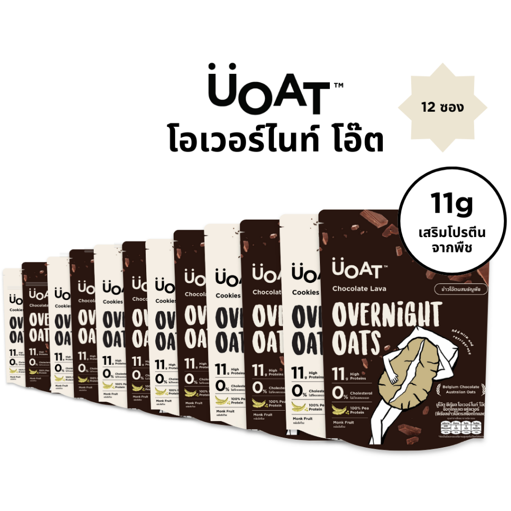 UOAT โอเวอร์ไนท์โอ๊ต โปรตีนสูง 12 ซองคละรส |Overnight Oats Vegan High Protein Oats, No Sugar 12-Pack