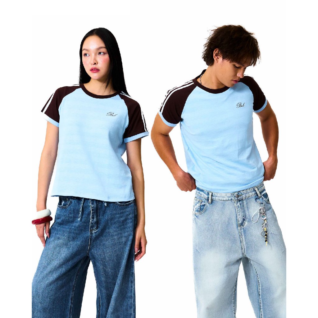 BEB CLUB CONTRAST SLEEVE TEE เสื้อยืดสีฟ้าแขนตัดสีน้ำตาลเบ็บคลับ