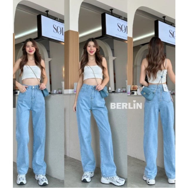 Berlin กางเกงยีนส์ เอวสูง สไตล์เกาหลี แนววินเทจ