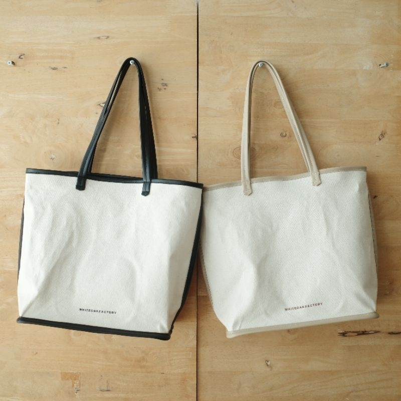 Blanco two-tone tote bag กระเป๋าสะพายผ้าแคนวาส สายหนัง งานปักโลโก้ WHITEOAKFACTORY