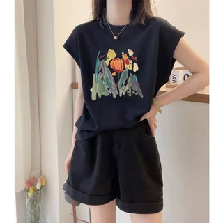 เสื้อแขนกุดลําลองทรงหลวมสไตล์เกาหลีน่ารัก oversize เสื้อผ้าสาวอวบแฟชั่นฤดูร้อนใหม่ เสื้อยืดสวยๆผู้หญิงที่กําลังฮิตวินเทจ