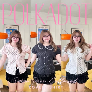 ✅สีใหม่ มาค่า/JR/ เสื้อแขนตุ๊กตาสาวอวบ polka Dot คอบัวแต่งลูกไม้ จับจีบหน้า มีเชือกผูกหลังเข้าทรง ดูเด็กลง200%