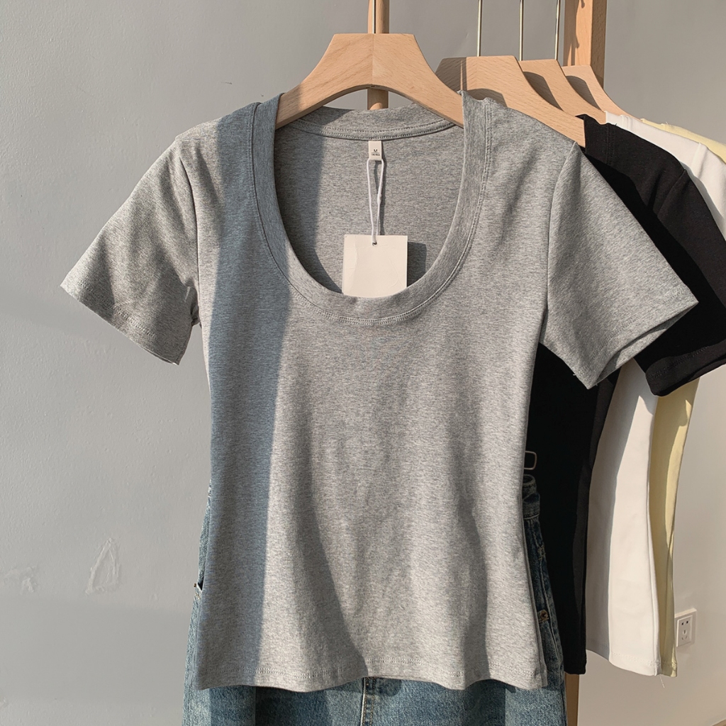 Y6Y - เสื้อยืดคอเหลี่ยมแขนสั้นผู้หญิง - เสื้อแฟชั่นสไตล์เกาหลีสีพื้นลำลอง - เสื้อยืดทรงสลิมฟิตรับซัมเมอร์ตัวใหม่