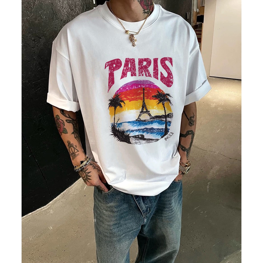 TOP วินเทจ Hawaii เสื้อยืดโอเวอร์ไซส์ PARIS หลวมและสะดวกสบาย ไม่หด T-shirt ผู้ชายและผู้หญิง