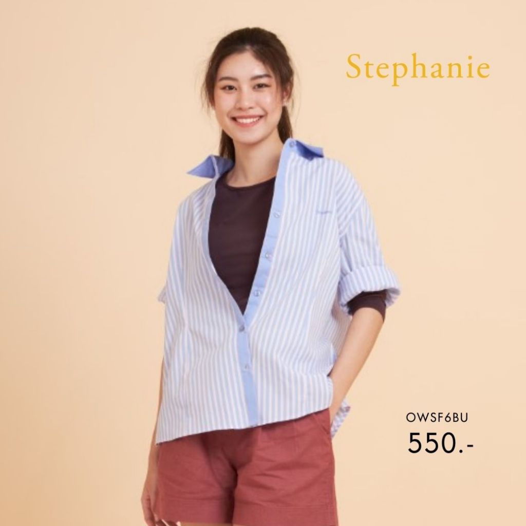 Stephanie  เสื้อเชิ้ตแขนสามส่วนสีฟ้า(OWSF6BU)