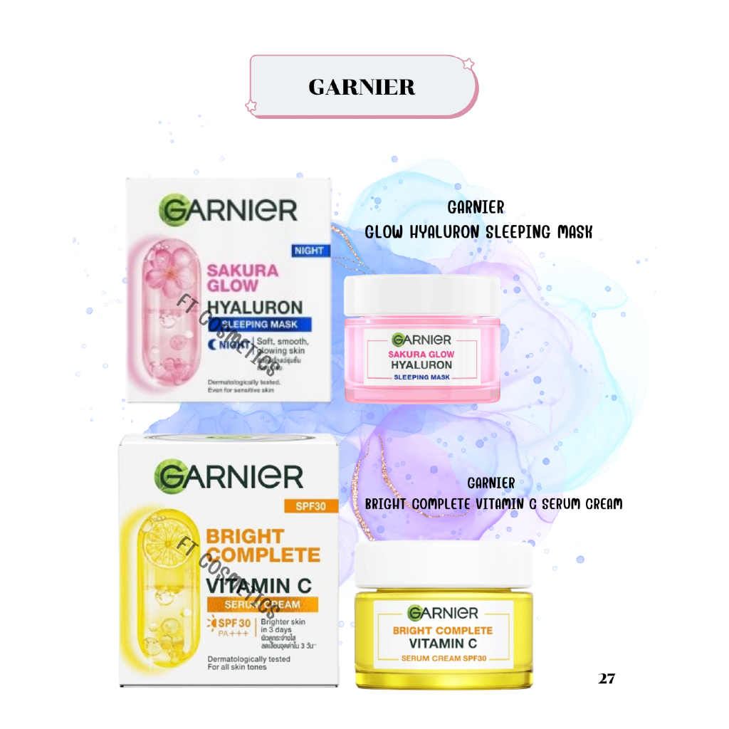 Garnier 2 สูตร GARNIER  GLOW HYALURON SLEEPING MASK , BRIGHT COMPLETE VITAMIN C SERUM CREAM