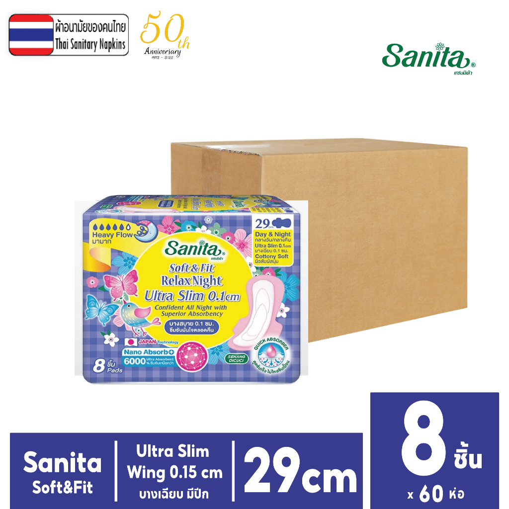 [ยกลัง 60ห่อ] Sanita/แซนนิต้า ผ้าอนามัย ซอฟท์&ฟิต สัมผัสนุ่ม กลางคืนบางเฉียบ 0.1มีปีก 29ซม.8ชิ้น/ห่อ