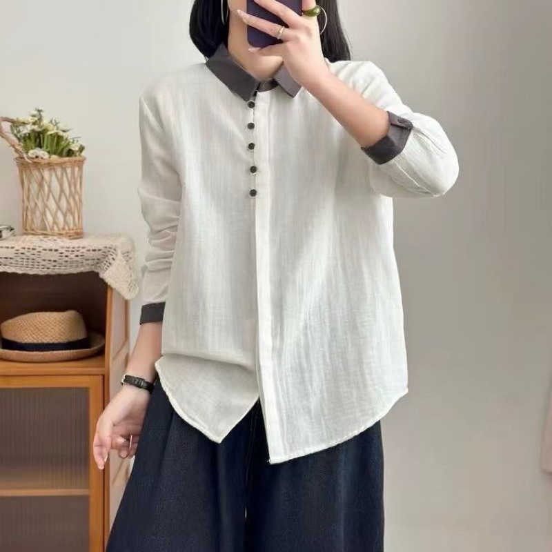 เสื้อเชิ้ตแขนยาว กระดุมซ่อน ปกทูโทน เสื้อทำงานผู้หญิง สไตล์มินิมอล ผ้าสาลู 2 ชั้น HerbieStyle