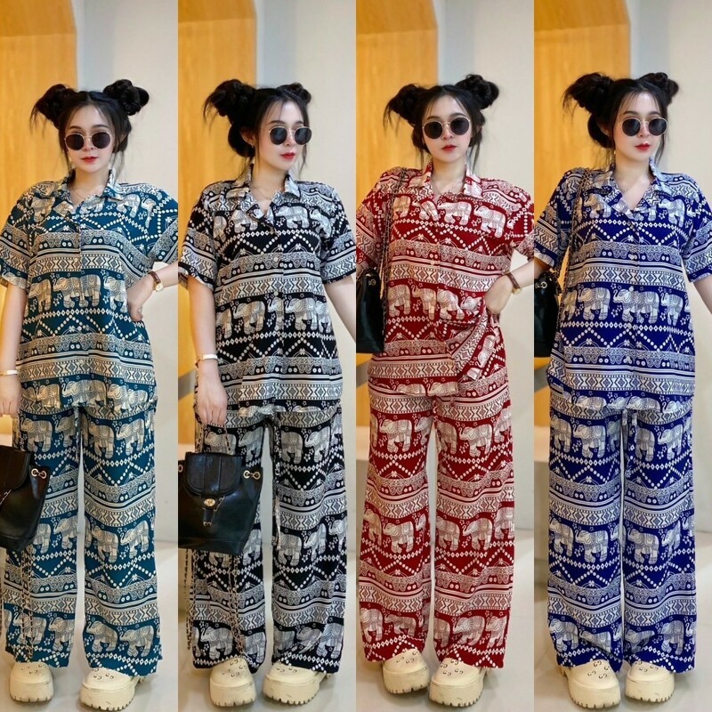 TT20433 Set 2 ชิ้น เสื้อฮาวายกางเกงขายาว ลายช้าง