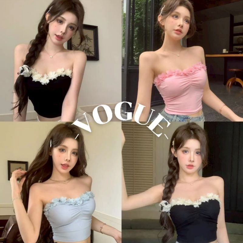 Vogue🌟พร้อมส่ง🌟 เสื้อเกาะอก มีฟองน้ำในตัว แต่งขอบดอกไม้ (FY3055)