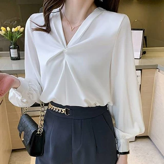 K604 🧸 เสื้อเชิ้ตสาวอวบ รอบอก60++ คอวี แขนยาว เรียบหรู ดูแพง สไตล์ลูกคุณหนูไฮโซ 🧸