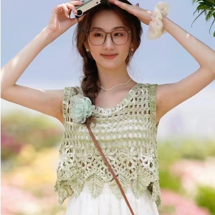 knowyou_ เสื้อถักไหมพรมแขนกุด สีรุ้ง/สีเขียว ลายดอกไม้ ใบไม้ น่ารัก สไตล์เกาหลี
