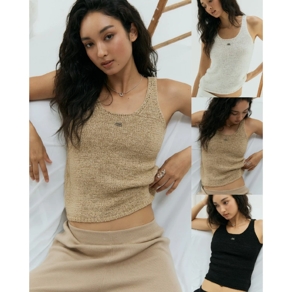 knitCircle - NOODLES Basic knit Tank top (3 สี) เสื้อกล้ามไหมพรม คอเว้า เส้นด้าย Tape แบน เนื้อผ้าทิ้งตัว ทรงไม่รัดแนบ