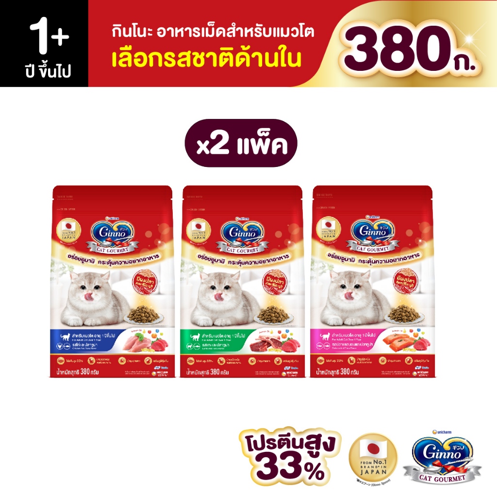 [เลือกรสชาติได้] Unicharm Ginno Cat Dry Food กินโนะ อาหารเม็ดแมวแบบแห้ง สำหรับแมวอายุ 1 ปีขึ้นไป 380