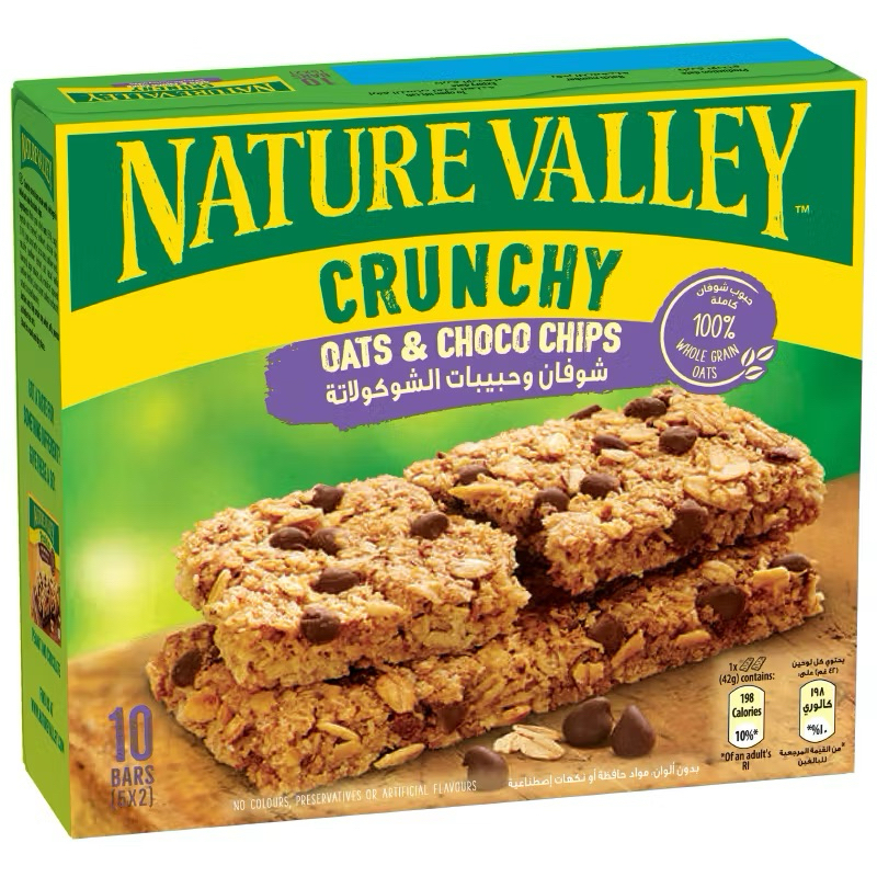 nature valley crunchy oat& choco chips 210g. โอ๊ตบาร์ รสช็อกโกแลตชิพ