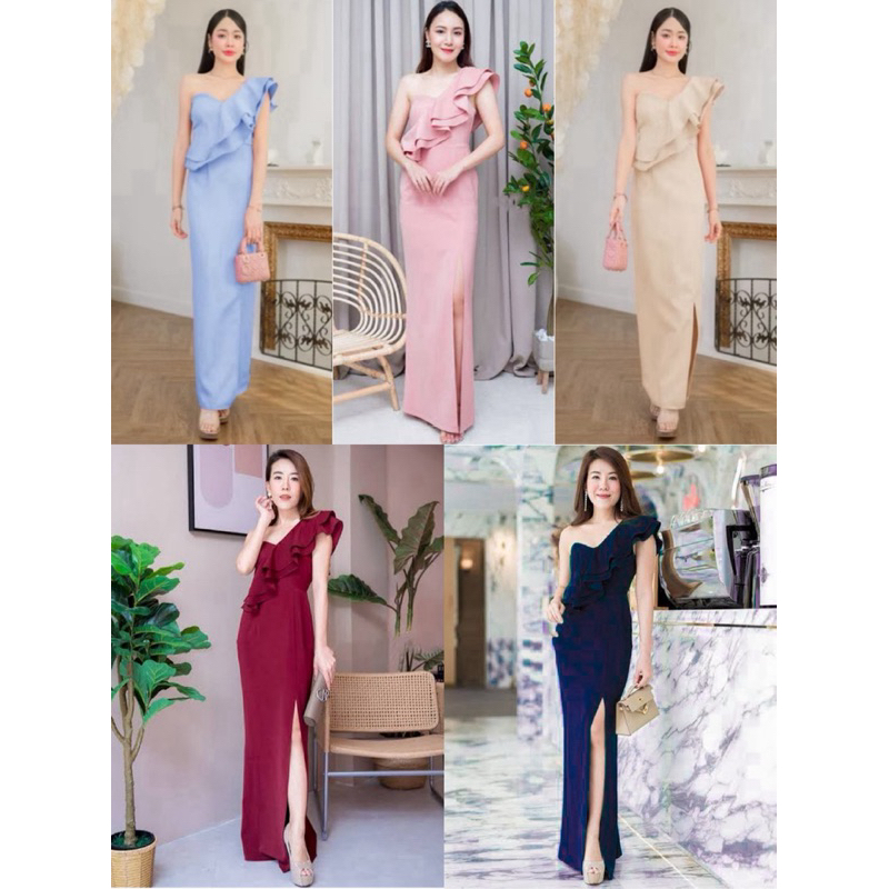 เดรสราตรียาวใส่ออกงาน S/M/L อกแต่งระบาย มีฟองน้ำทรงสวยเก๋สุดๆ
