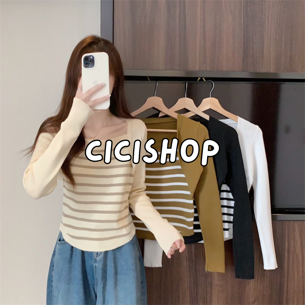 Cicishop(20125)เสื้อไหมพรมแขนยาว สีเอิร์ทโทนละมุนดีเทลเทลตัดต่อติดกันลายทางฟิวใส่2ชิ้นแบบเก๋มากก