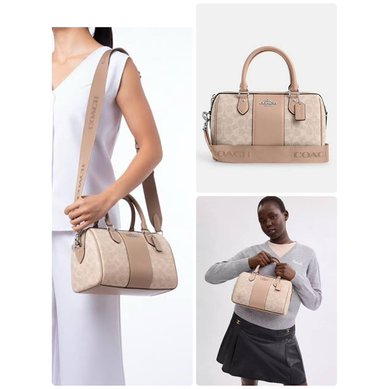 กระเป๋าสะพายข้าง กระเป๋าถือ COACH ROWAN SATCHEL BAG IN SIGNATURE CANVAS CW376 ทรงหมอน ลายซีสีเบจ10 น