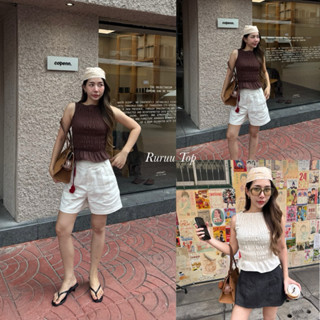 Ruruu Top เสื้อแขนกุด ผ้าลินินย่น ทะเล สายฝอ